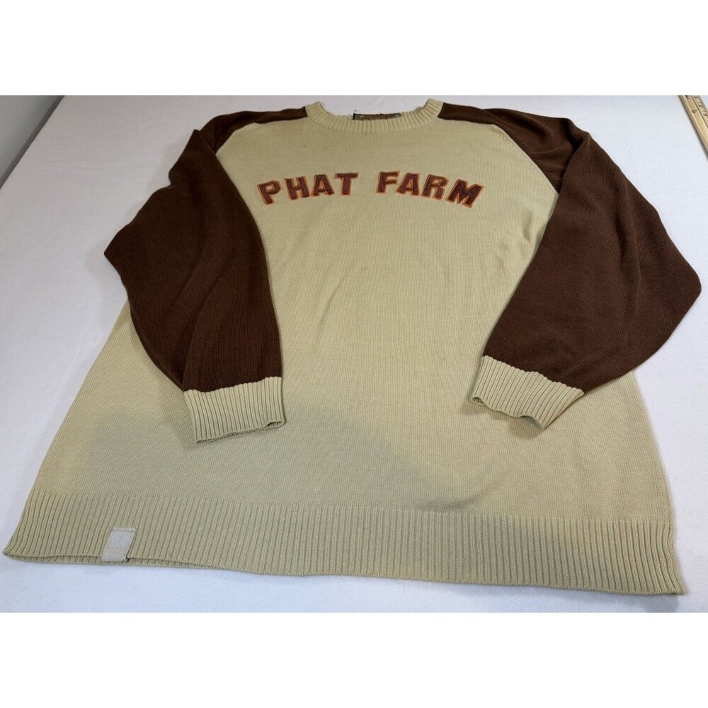 Vintage Phat Farm Men’s 2XL Beige/Brown Colorblock Knit Crewneck Logo Sweater
